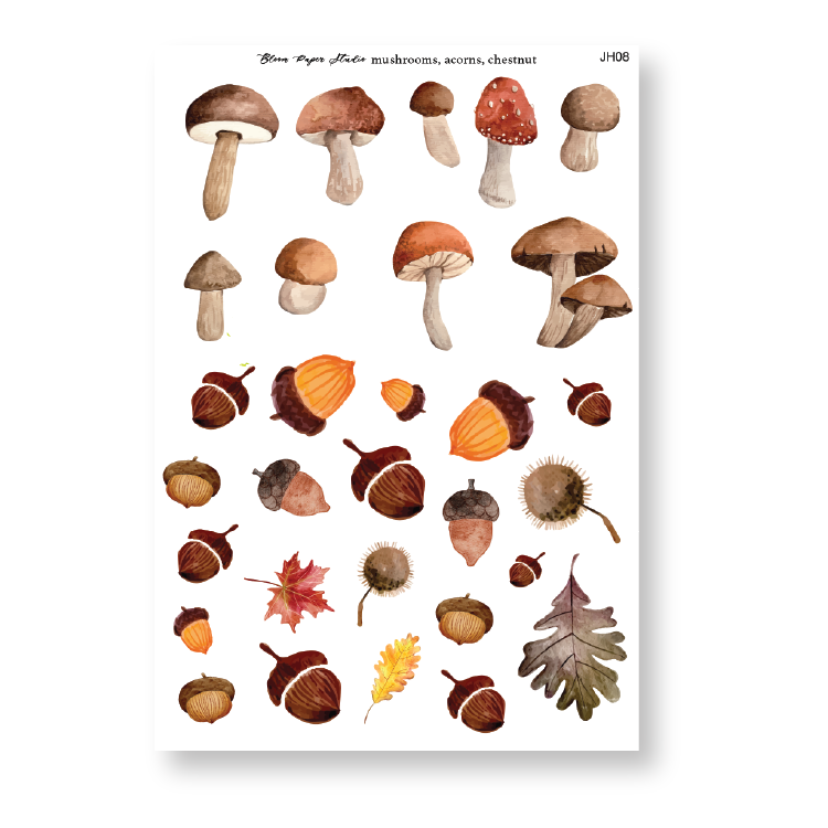 Watercolor Fall Autumn Mushrooms, Acorns, & Chestnuts Journaling Planner Stickers